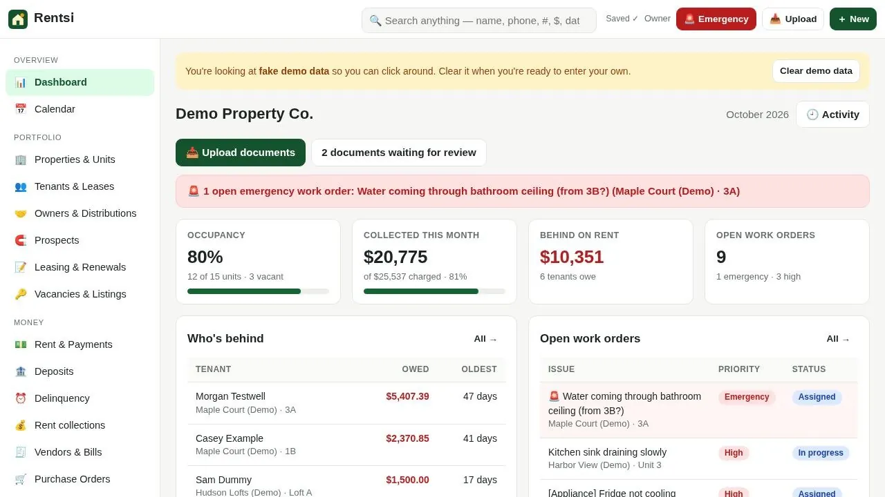 The Rentsi dashboard (sample data)